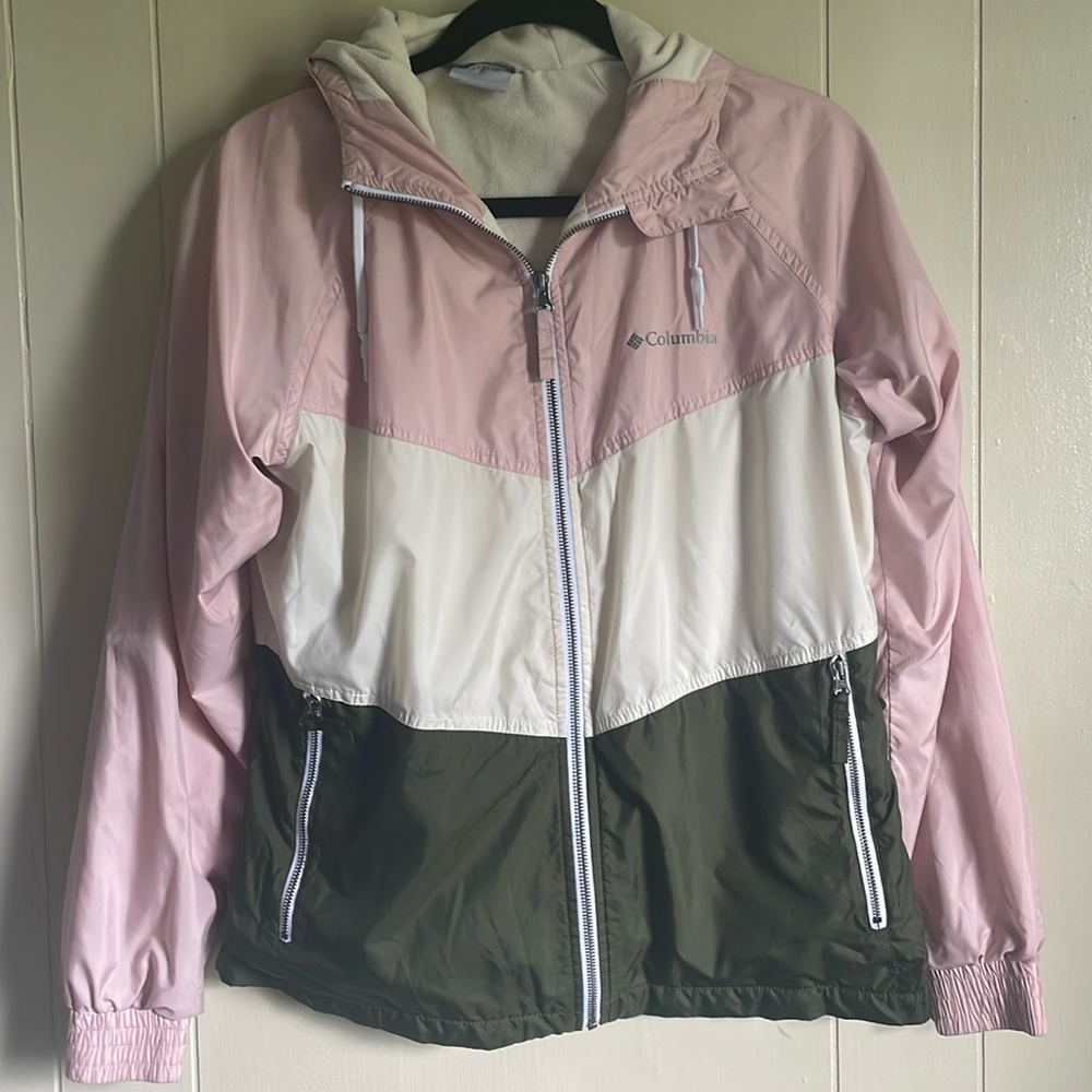 Columbia Women's Colorblock Hooded Windbreaker Jacket - Pink/White/Olive